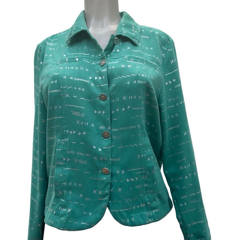 Erin London Shirt Women's Medium Green Button Front Geometric Print Long Sleeve